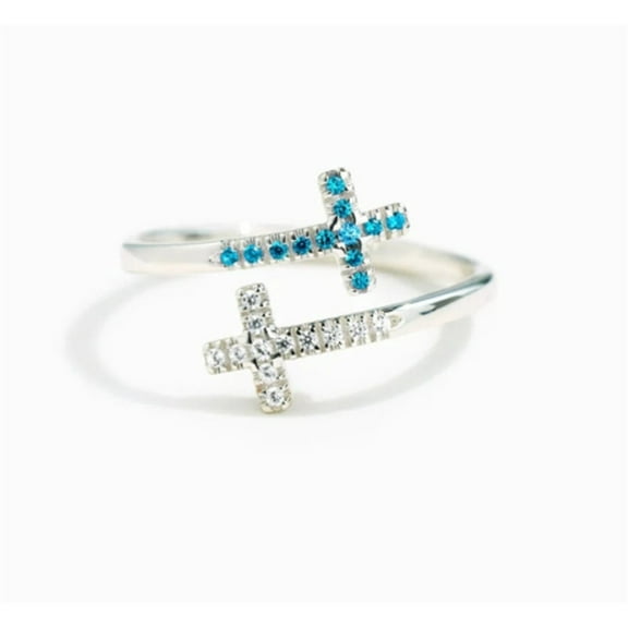 Womens 925 Sterling Silver Ring with Cross and Zircon White Gold Plated Adjustable Opening Fashion Ring for Ladies