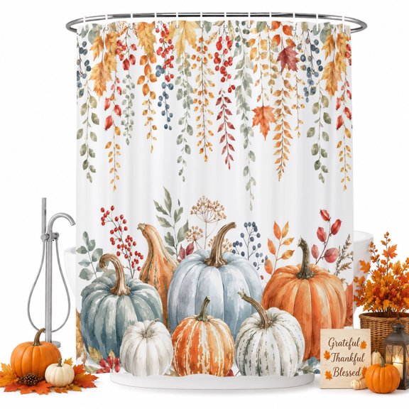 Thanksgiving Pumpkins Shower Curtain Set - Long 72" x 84" Washable Bathtub Curtain with 12 Hooks, Fall Maple Leaf Harvest Autumn Waterproof Fabric Stall Shower Curtains for Bathroom/Bathtub Décor