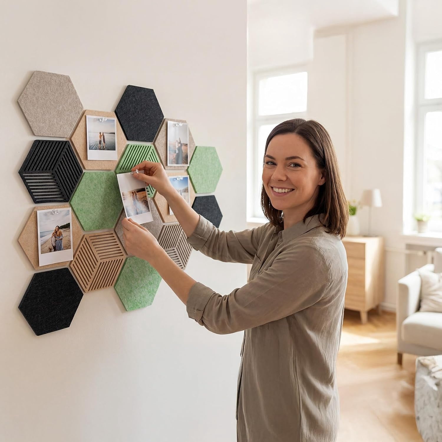 FOCHIER F 16PCS Hexagon Cork Boards for Walls Decor,7X 6 inch Felt Bulletin Board Tiles Sets for Home Office Class Kitchen with 50 Push Pins,Self Adhesive DIY Pin Board for Photos Memos (Green-16PCS)