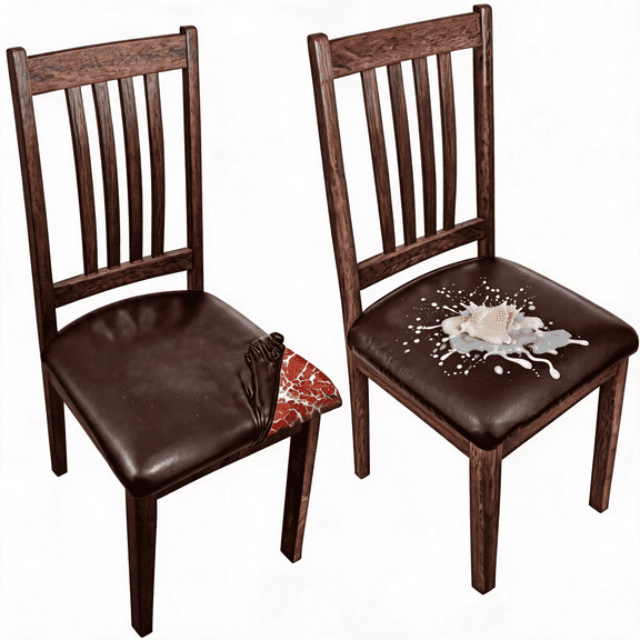 PU Leather Dining Chair Seat Covers 2 Pack Waterproof Stretch Kitchen Chair Covers Brown
