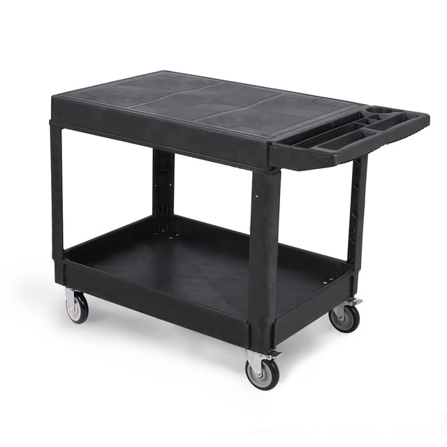 Ourlova Utility Cart 2-Tier Heavy Duty Plastic Rolling Cart with Swivel Wheels 550 LBS Flap Top Work Cart with Ergonomic Storage Handle Service Cart for Warehouse Garage Cleaning-Black