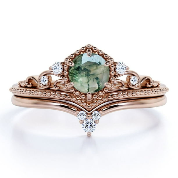 JeenMata Anillo de Bodas con Corona de Filigrana de 0,60 Uds de Ágata Musgosa Dendrítica Natural de Talla Redonda y Moissanita Engastado en Oro Rosa de 18 K sobre Plata
