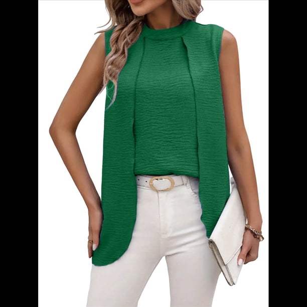Camisetas Sin Mangas Informales de Negocios para Mujer, Atuendos de Verano Sin Mangas, Camisas de Trabajo Elegantes y de Moda de 2025. Verde XL