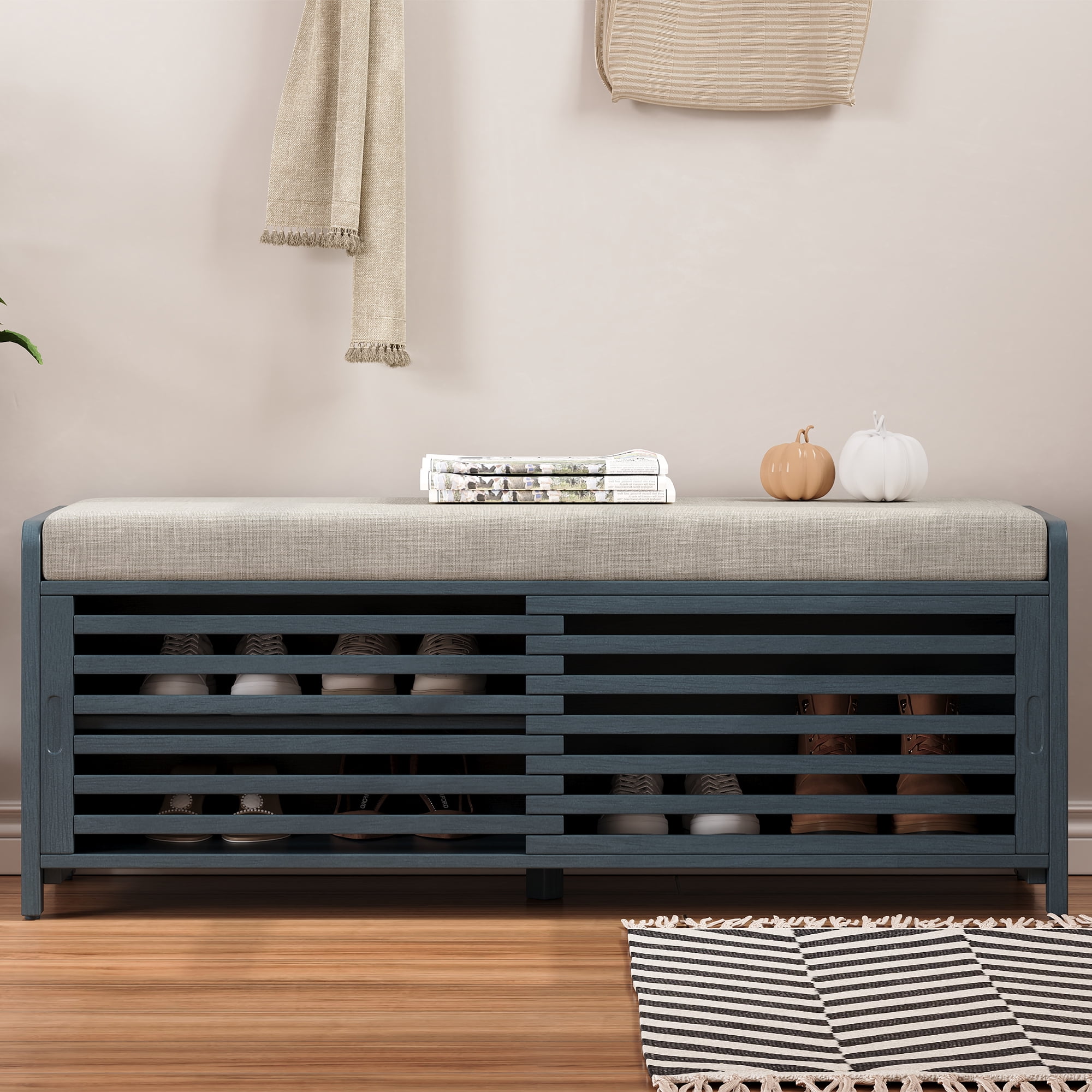 MAYEERTY Shoe Bench with Storage and Cushion, Distressed Shutter Storage Bench with Retro Charm for Living Room, Entryway, Navy