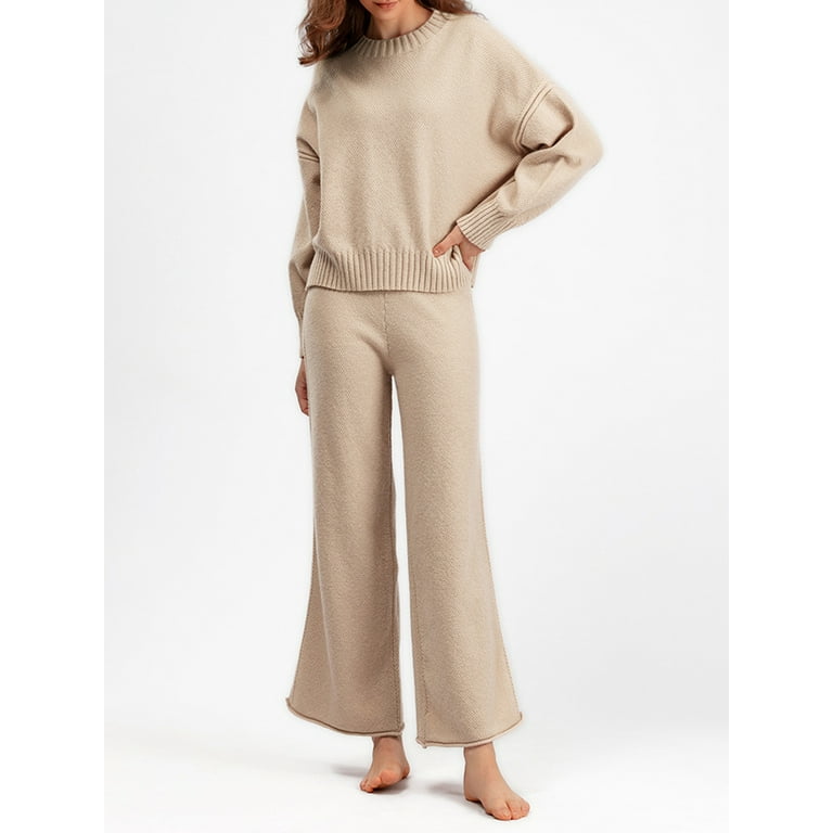 Wassery Women Winter Sweater Set Solid Color Round Neck Sweater and Wide Leg Pants Set Casual Warm 2 Piece Outfits Walmart