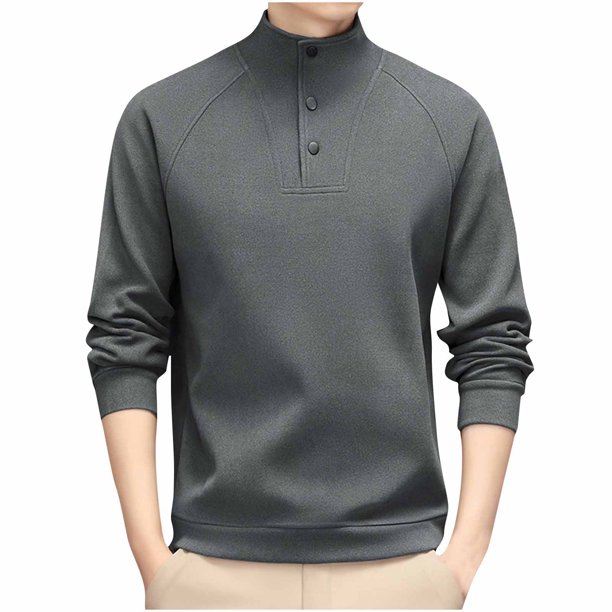 Blusa y camisa de manga larga con cuello alto para hombre, informal, de color liso, con botones, cuello alto, capa inferior, abrigo de poliéster de manga larga para hombre