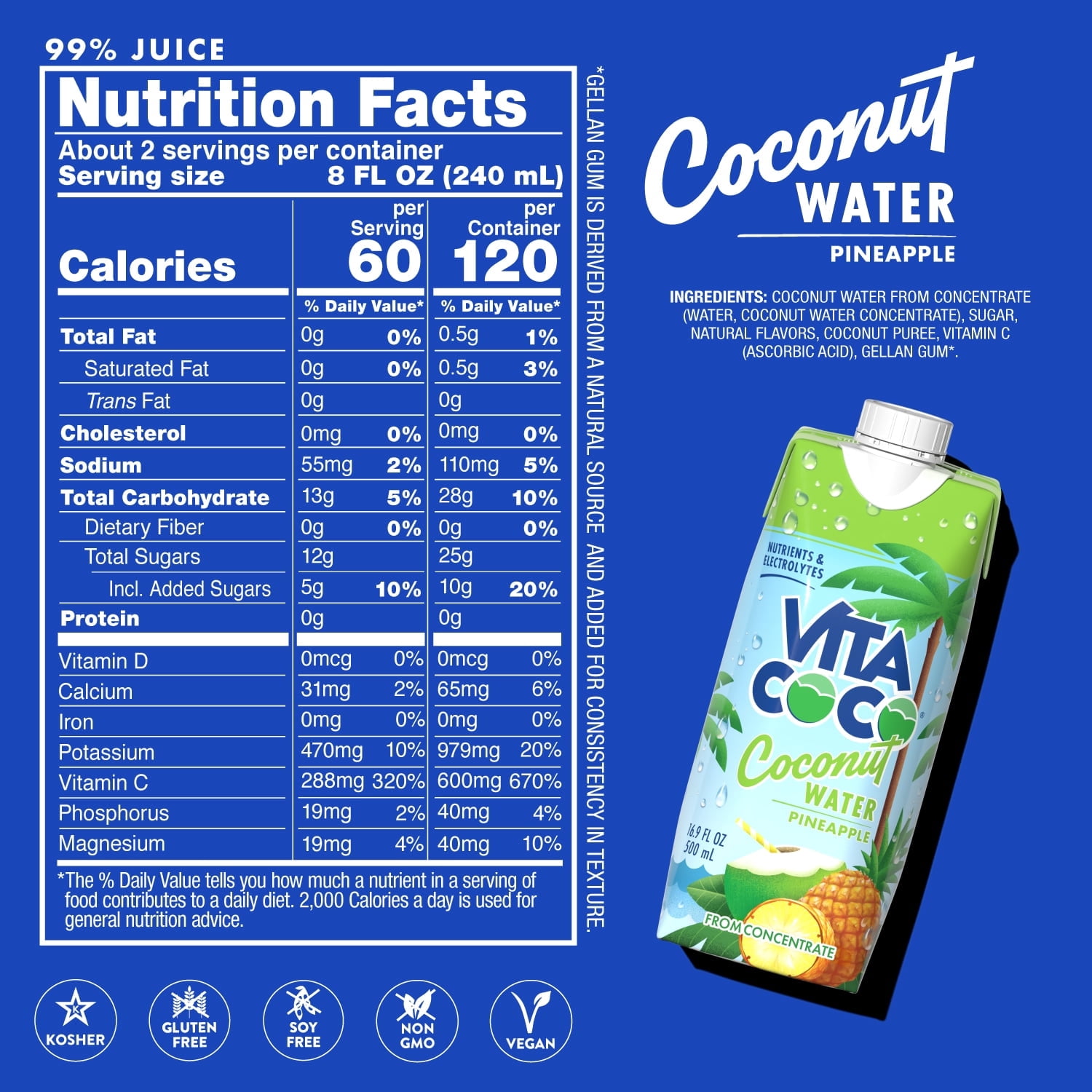 (6 pack) Vita Coco Coconut Water, Nutrients & Electrolytes Rich, Pineapple, 16.9 fl oz Tetra