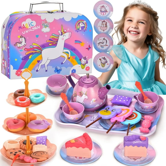 Freecat Unicorn Tea Party Set for Little Girls, Princess Toys for Girl 3 4 5 6 Years, Kitchen Play Toys, Christmas Birthday Gift for Girls Age 3