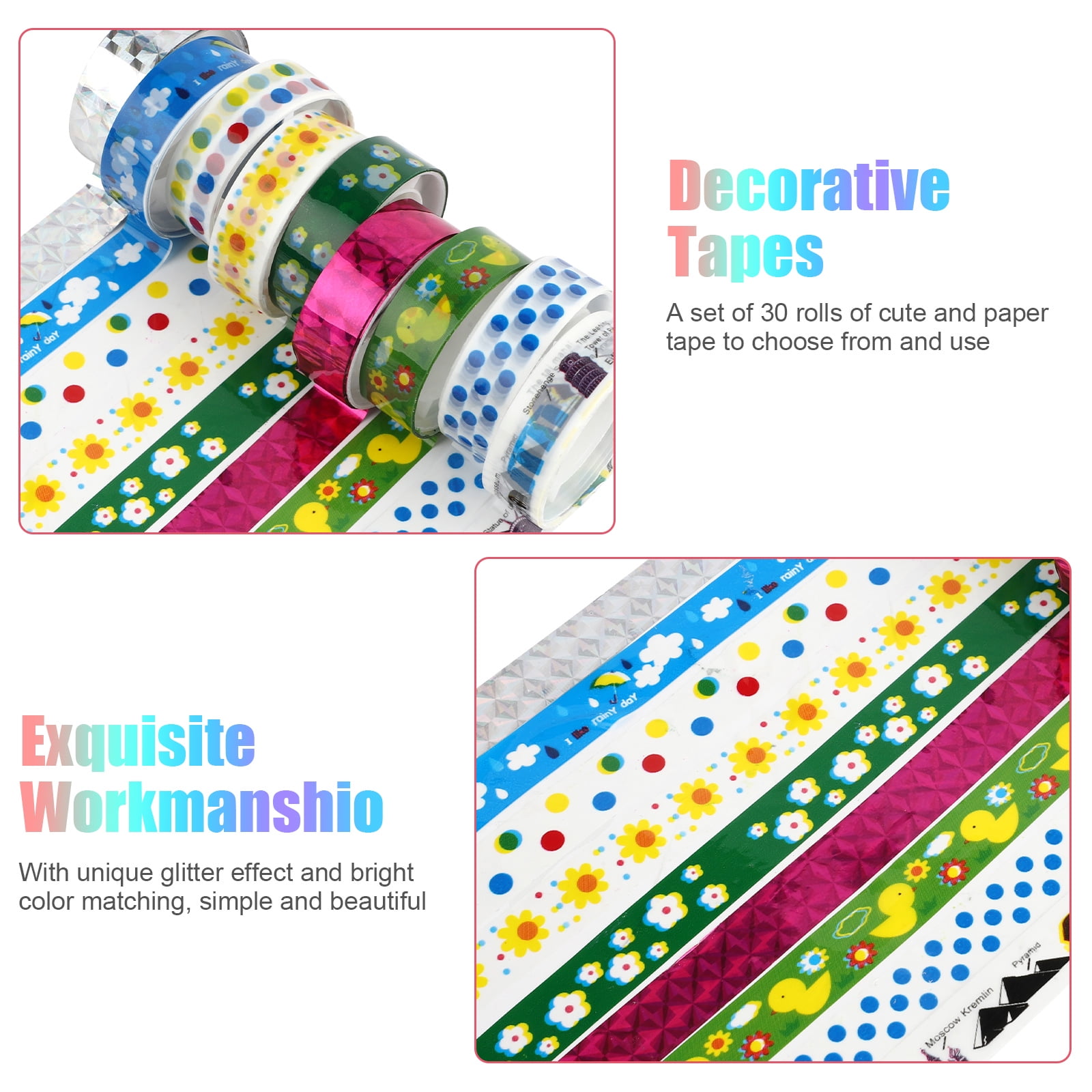 Mozart Supplies Washi Tape Set - 20 Rolls of Decorative Adhesive with Unique Colorful, Glitter, Floral, Foil Tape Designs - Journal Decorating, Scrapb