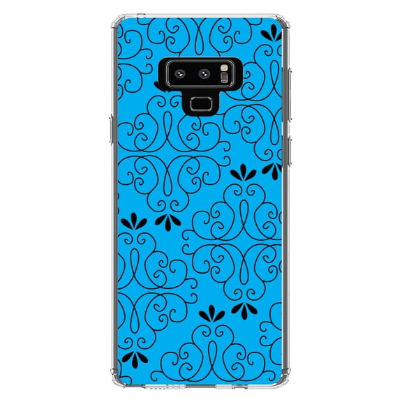 DistinctInk Clear Shockproof Hybrid Case for Samsung Galaxy Note 9 - TPU Bumper, Acrylic Back, Tempered Glass Screen Protector - Blue Black Floral Pattern