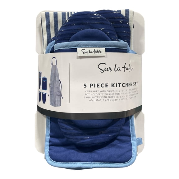 Sur La Table 5Pc. Kitchen Textile Set - Apron, Oven Mitt, Potholder, Mini Mitt (Blue)