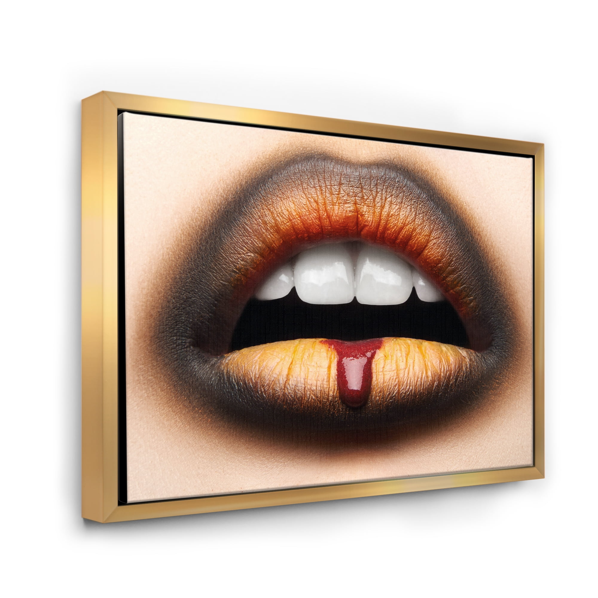 Designart 'Woman Lips With Black & Orange Lipstick' Modern Framed Canvas Wall Art Print