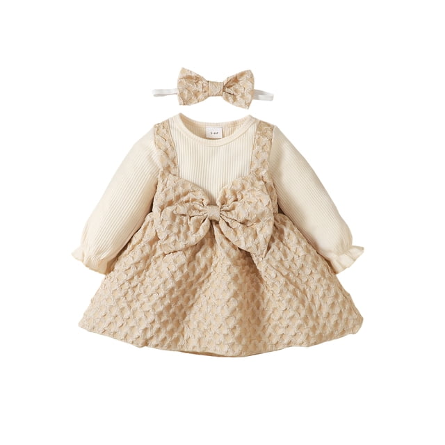 Robe de Princesse pour Tout-Petites Filles, Grand Nœud, Manches Longues, Patchwork, Ligne A, Robe d'Anniversaire pour Fête d'Automne avec Bandeau