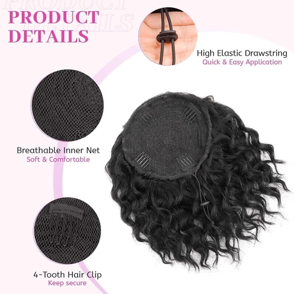 WEIF-Ponytail Extension 8 Inch Short Wavy Curly Ponytails Drawstring Ponytail for Black Women Jet Black Pony Tails Hair Extensions Synthetic Hairpiece for Daily Use