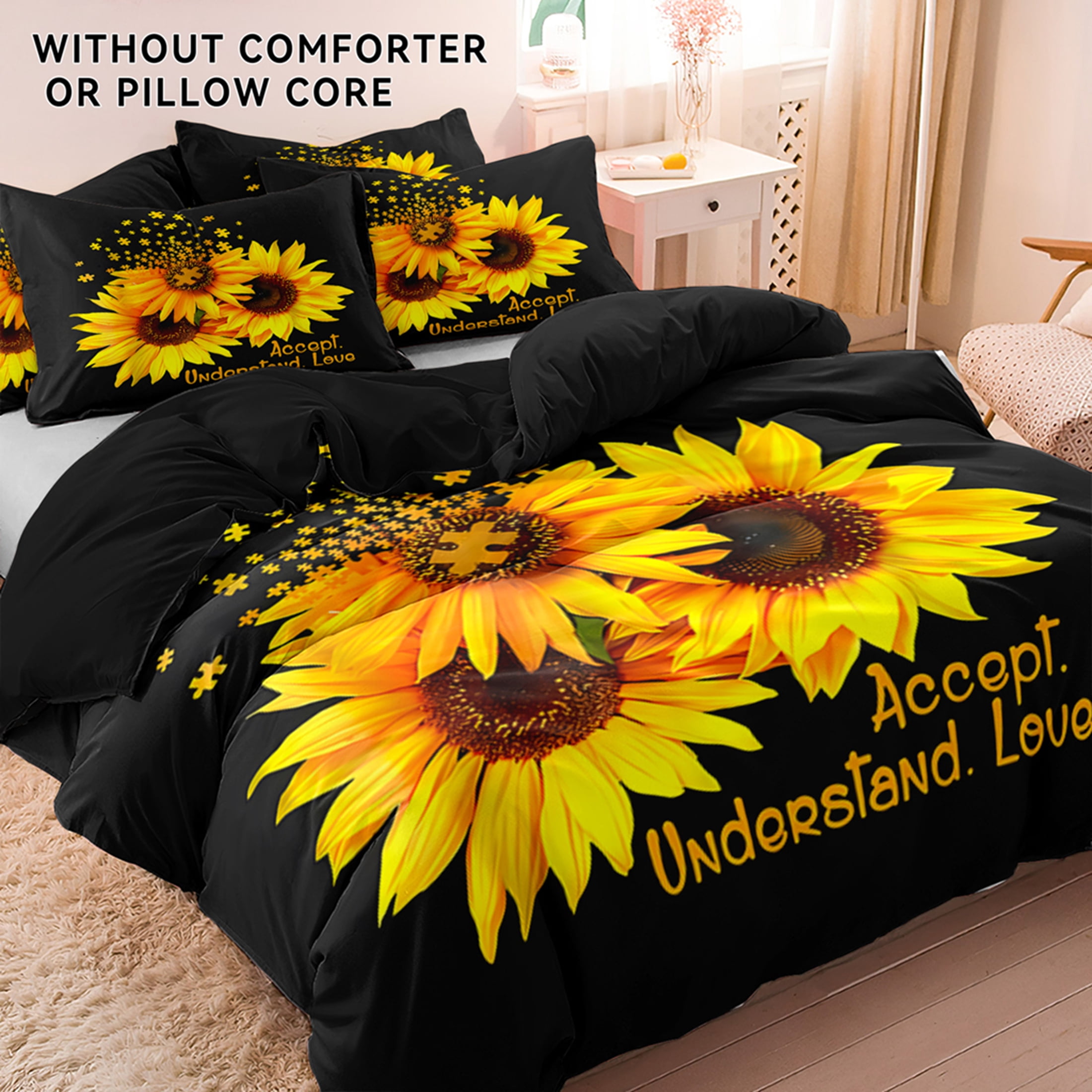 Orylavena Golden Sunflower Sunburst Microfiber Duvet Cover Set, Black Back, Twin