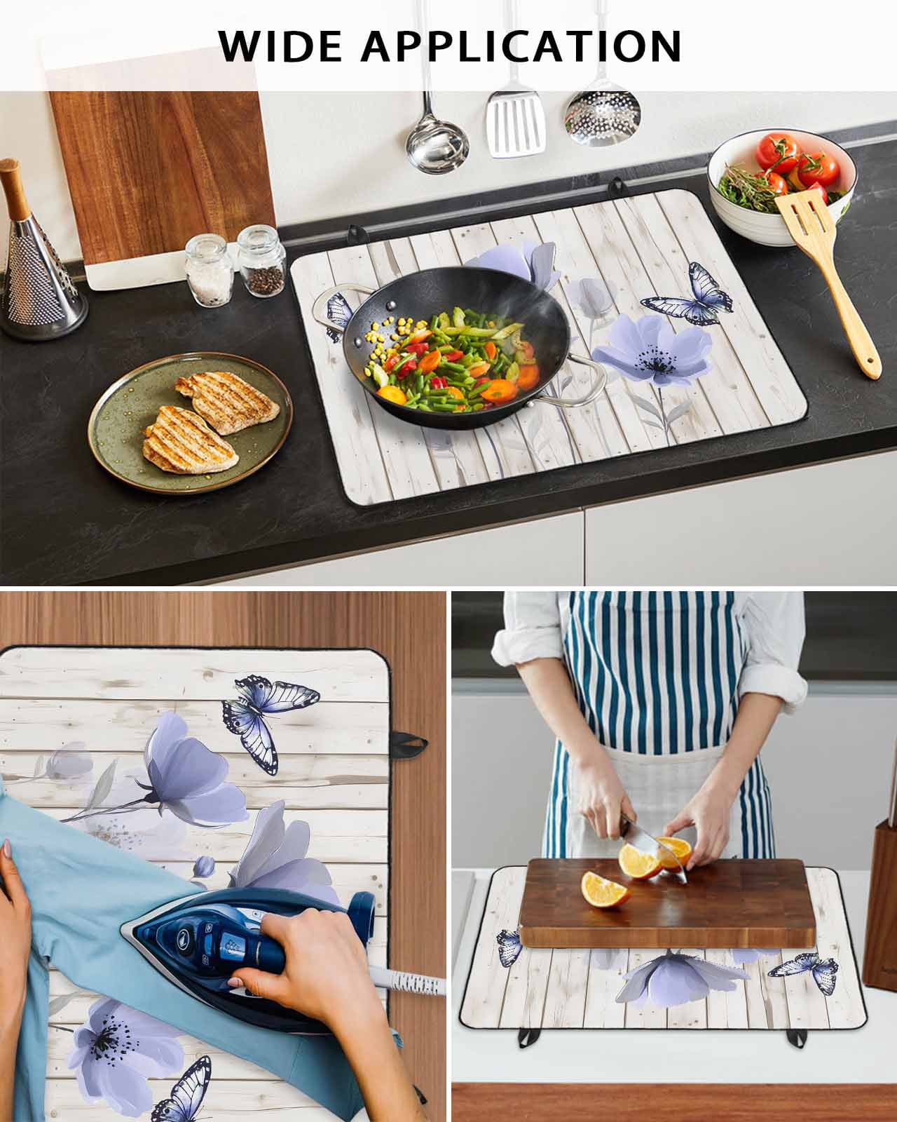 nqOlkjepod Large Induction Cooktop Protector Mat 36"x21", Purple Tulip Stove Top Covers for Electric Stove, Spring Flowers Butterfly Wooden Grain Stove Burner Cover Mats, Glass Top Stove Cover