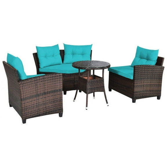 GVN 4 Pieces Outdoor Cushioned Rattan Furniture Set-Turquoise, Outdoor Sofa Sectional , Coffee Table for Patio Back Deck, Balcany, Poolside