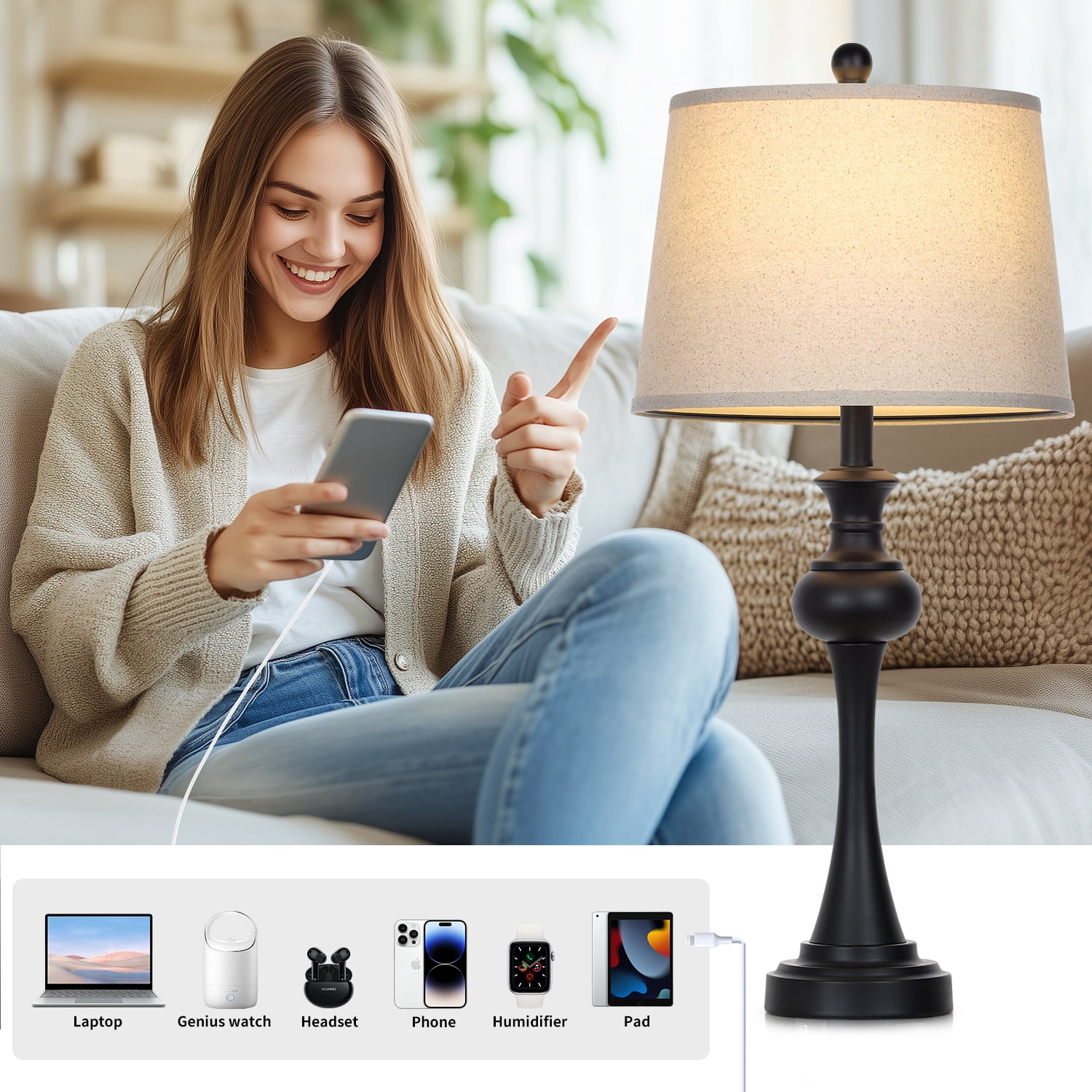 Cinkeda Single Table Lamp for Bedroom Living Room 28.75" Industrial Black 3 Way Dimmable Touch Control Nightstand Bedside Lamp with USB C+A Ports AC Outlet