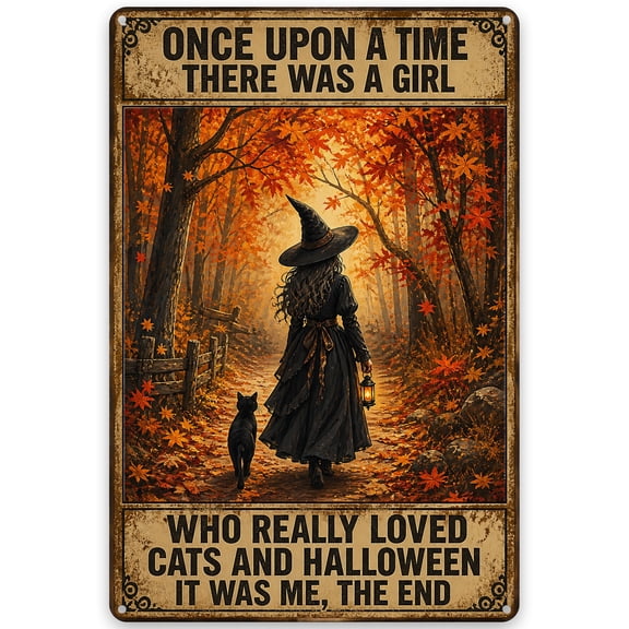 Halloween Metal Wall Decor Sign 8x12 Inch - Witch in Autumn Forest with Black Cat Iron Artwork - Vintage Style Indoor Outdoor Easy Hanging with Pre-Drilled Holes - Rustic Home Decor