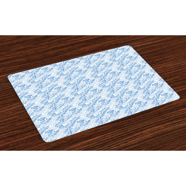 Blue and White Placemats Set of 4 Tender Tropical Design in Blue Shades Exotic Hawaiian Summer