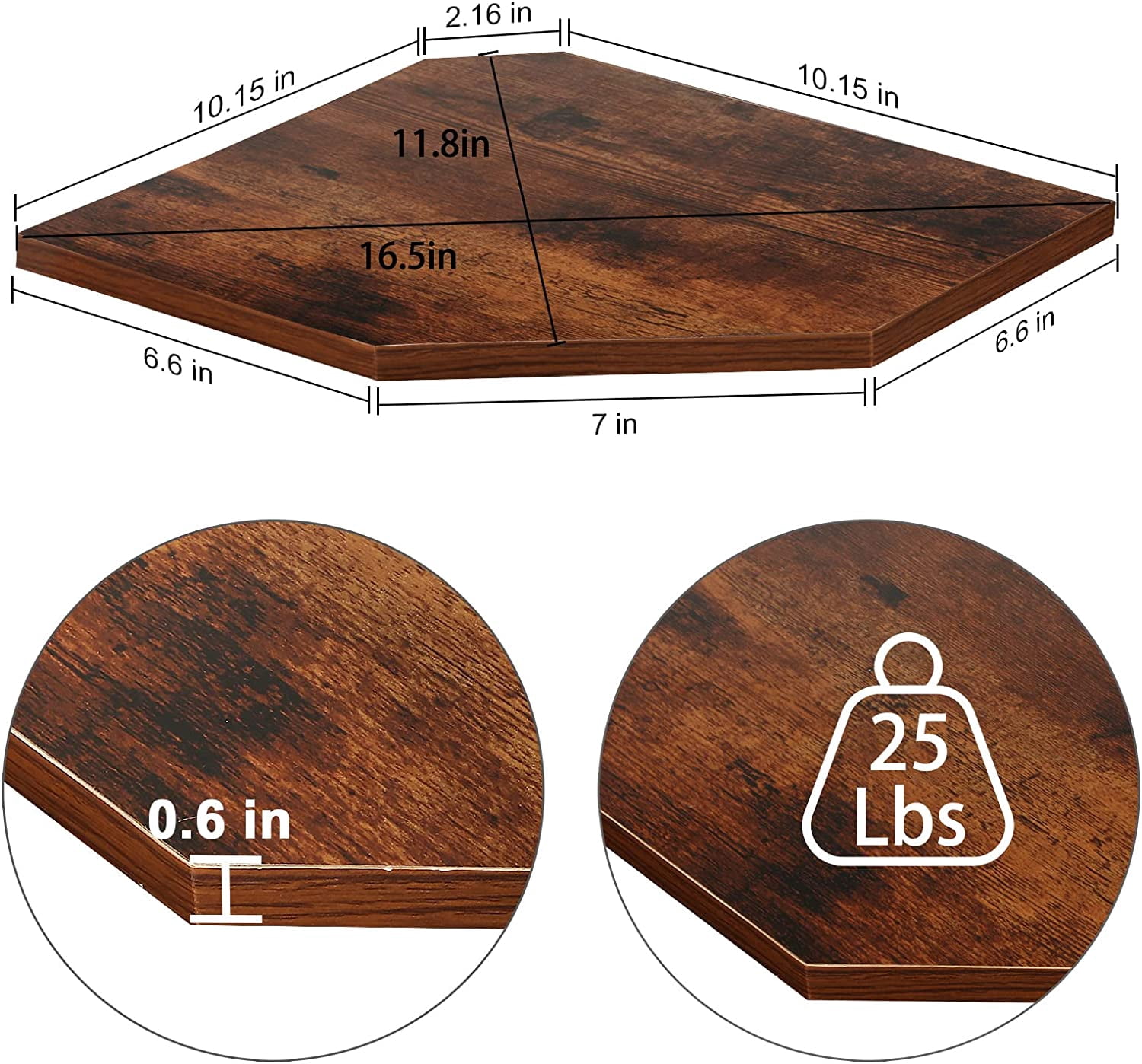 Set of 3 Floating Corner Shelves, Burnt Brown Wall Mounted Wood Shelves