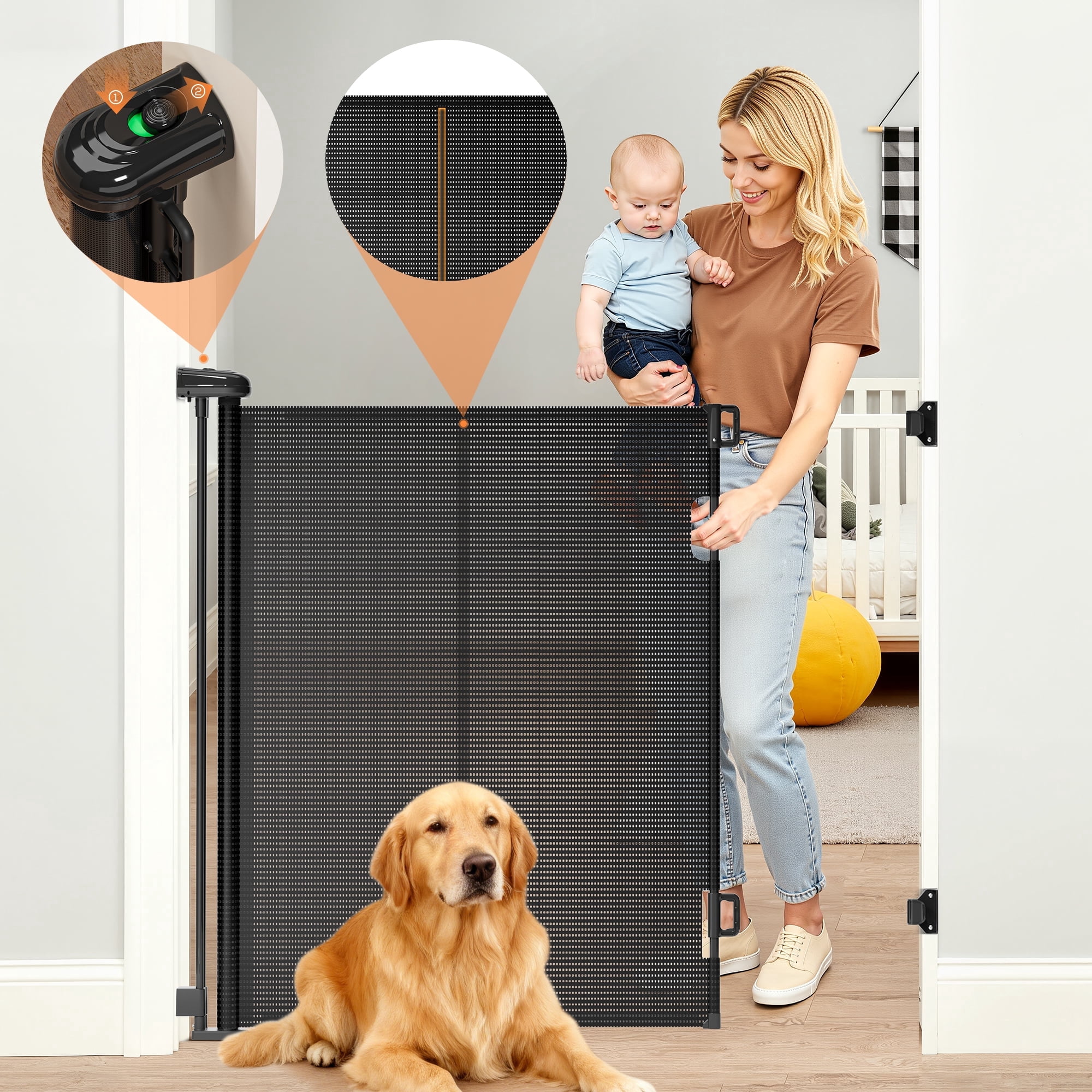 TULILLO Retractable Adjustable Auto-Lock Metal Indoor Baby Safety Gate, 48 in Tall x 59 in Wide, Black(Drill Needed)