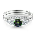 thumbnail image 3 of Gem Stone King 10K White Gold Green Mystic Topaz and White Lab Grown Diamond 5 Stone Bridal Engagement Wedding Ring Set for Women (0.86 Cttw, Round: 5MM and 3MM, Size 6), 3 of 6
