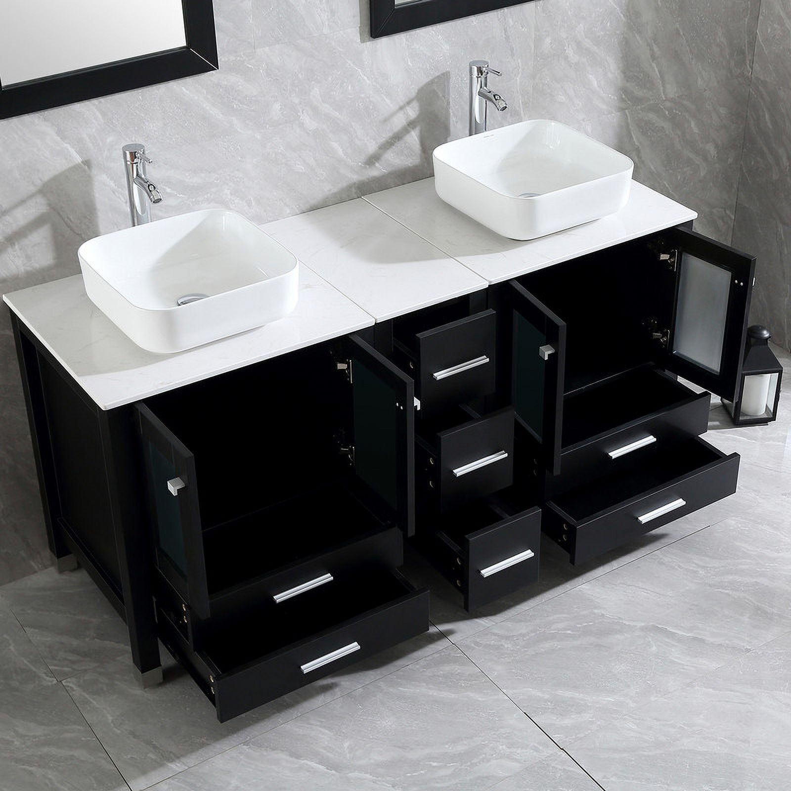 Wonline 60" Luxurious Bathroom Vanity and Sink Combo Wood Cabinet Top Round Ceramic Vessel Sink Faucet Drain Combo with Mirror Vanities Set,Black