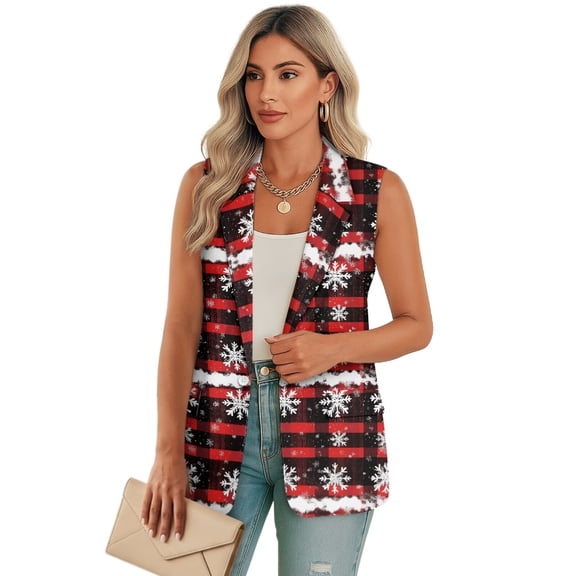 Uorisanigo Christmas Red Plaid Women's Jacket Vest Open Front Women's Sleeveless Vest Blazer Lightweight Vests Blazer Fashion Outerwear Size S
