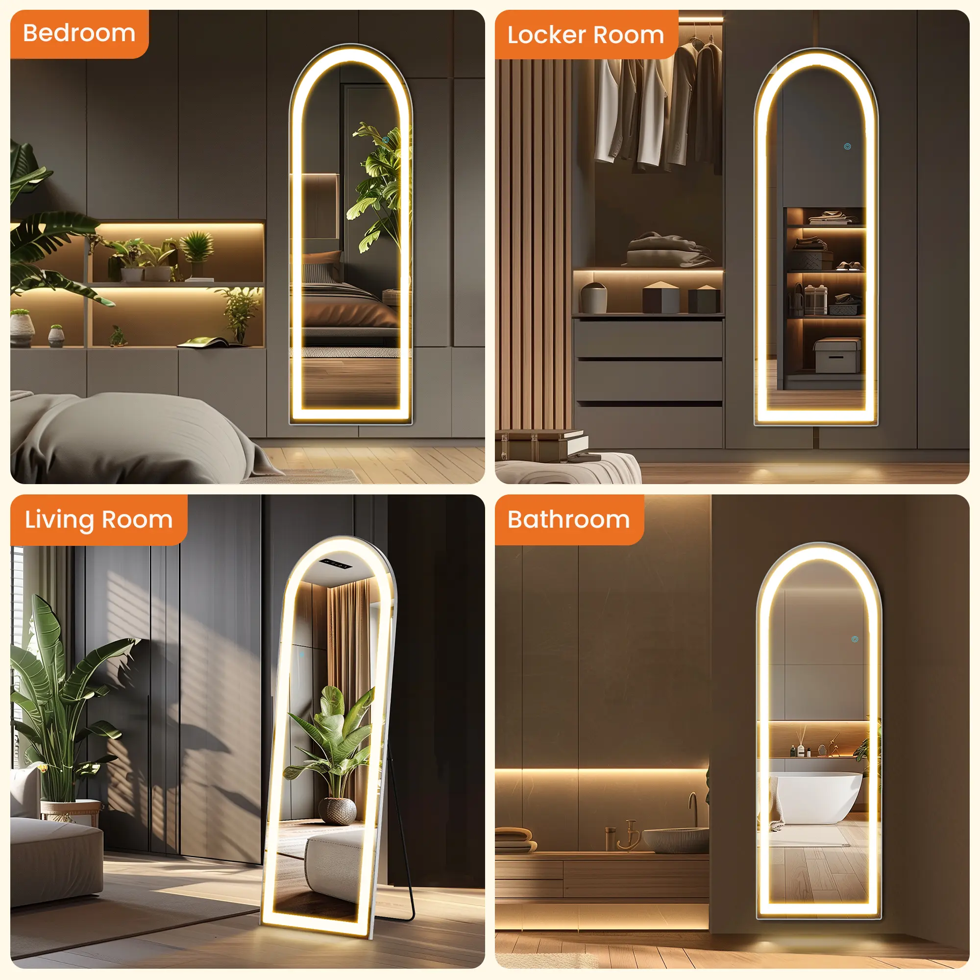 Aukfa 63" x 20" LED Full Length Mirror, Wall Mounted Floor Standing with Touch Control & 3-Color Dimmable Lights