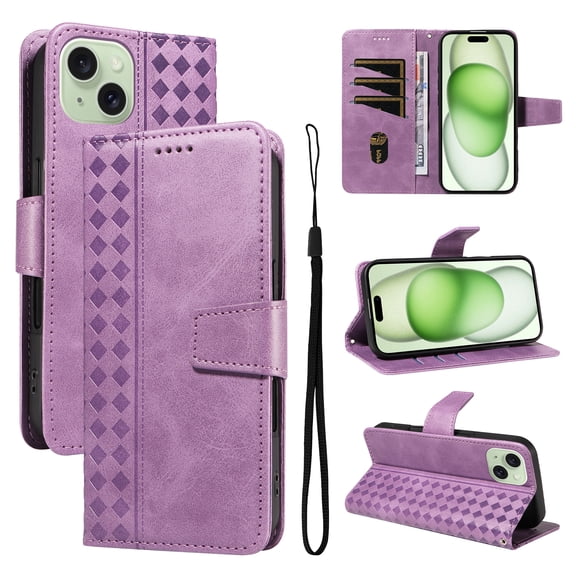 for iPhone 14 Wallet Case, PU Leather Flip Cover with Kickstand, Magnetic Closure Wrist Strap 3 Card Slots & 1 Cash Pocket Shockproof Full Body Protection for iPhone 14, Purple