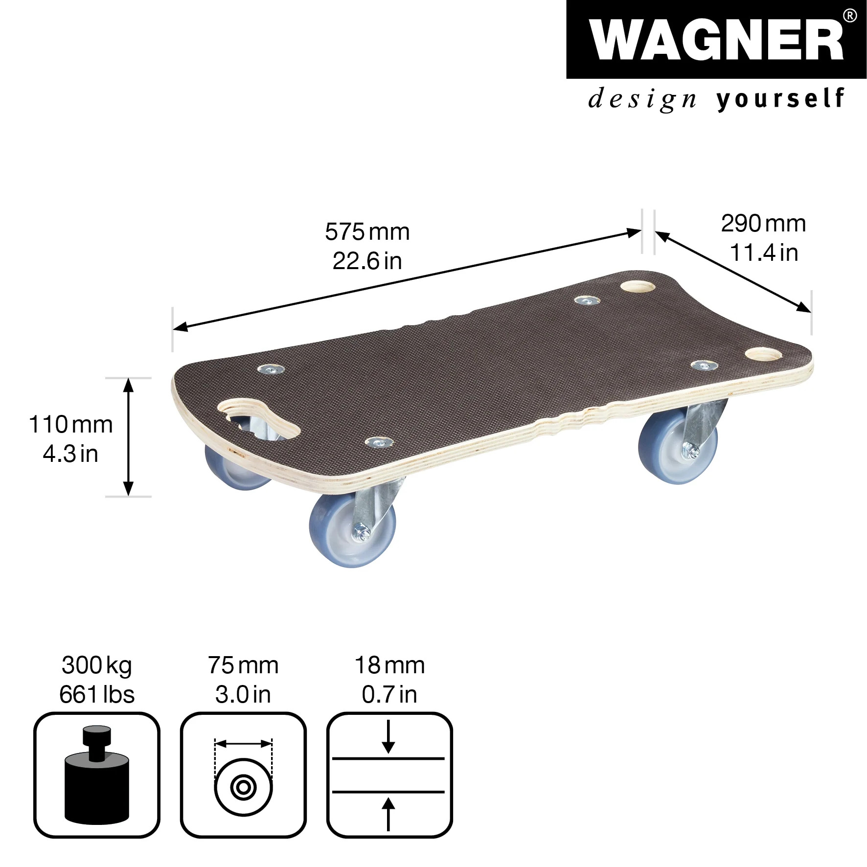 Wagner Design Yourself 64-1342, Black 660 lb Max Weight Wood Dolly, 1 Piece
