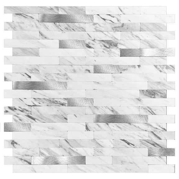 Murella Metal collection peel and stick backsplash tile 11.5X11.7 White Marble Carerra Brush Silver - Single Tile