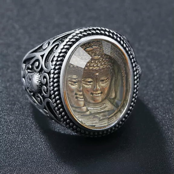 QQTDFG Mens Silver Stainless Steel Buddhist Buddha Amulet Ring Band Punk Size 7-12-8