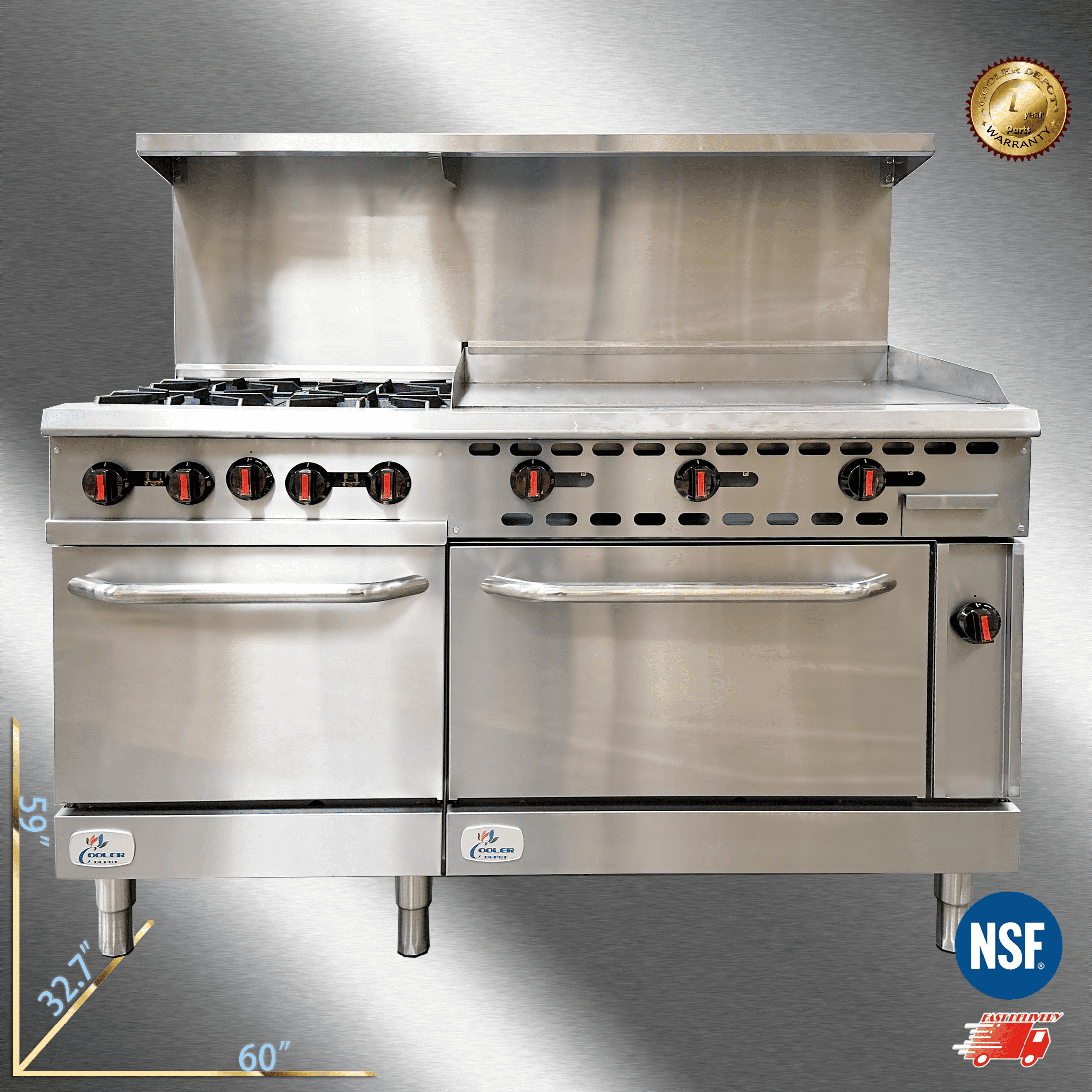 Cooler Depot NSF 60" Commercial Dual-Fuel Range with Charbroiler & Griddle, 9.5 cu ft Oven, Model CD-R4-36G
