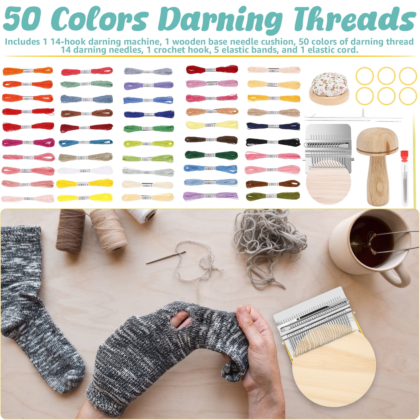 Grusce 14 Hooks Mini Darning Mushroom, Knit Patch DIY Loom, Weaving Repair Tool, 14 Pcs Large Eye Needle 50 Color Thread Weaving Frame for Handcraft, Darning Patch Kit for Mending Jean Socks