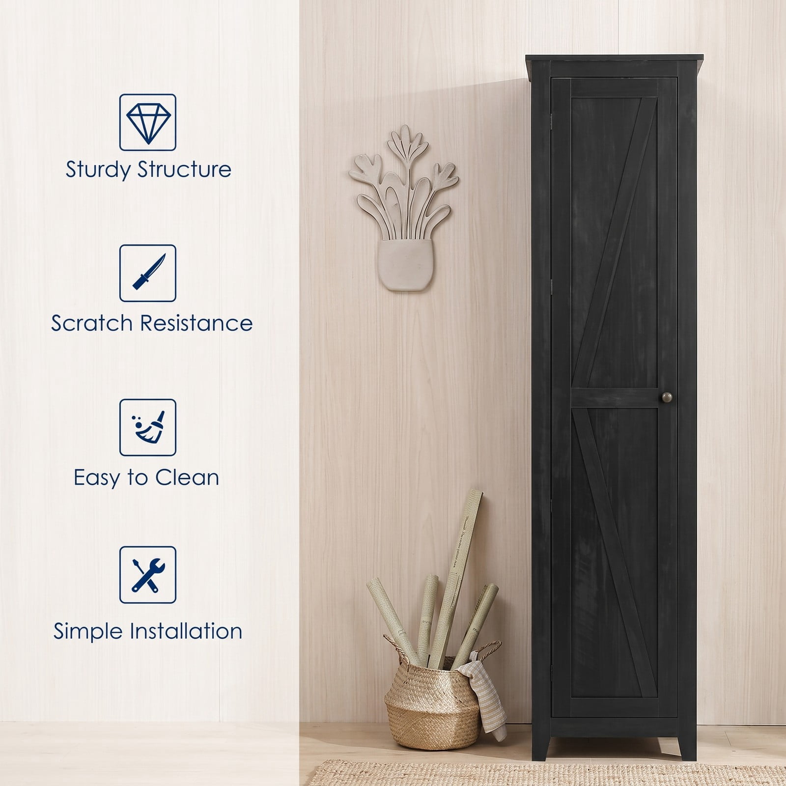 Fenbeli Linen Tower Bathroom Storage Cabinet, Tall Slim Freestanding Floor Organizer with 4 Shelves, Anti-Tip Side Storage Cabinet with Door and Magnetic, Black