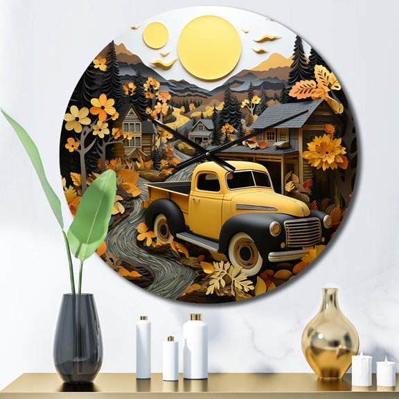 Designart "Rustic Rides Yellow Pickup Truck Exploration IV" Transportation Oversized Wall Clock