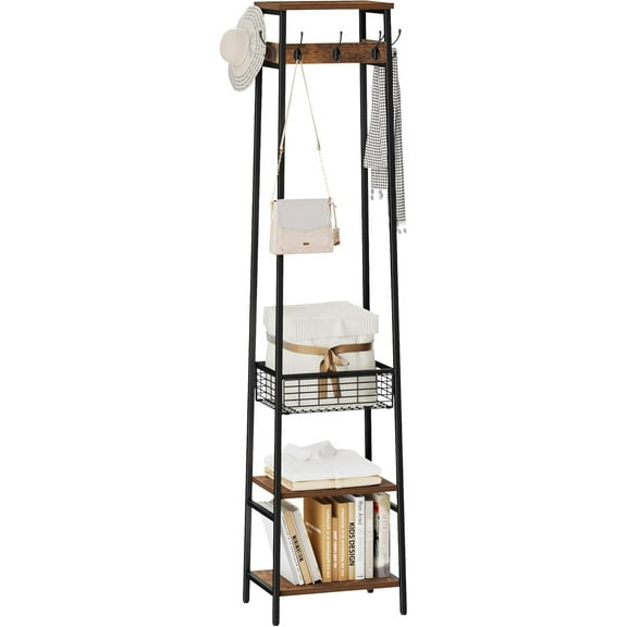 Coat Rack Freestanding, Coat Stand with Metal Basket and Storage Shelves, Hall Tree Free Standing With and 7 Hooks, Clothes Rack Stand Organizer, Rustic Brown and Black