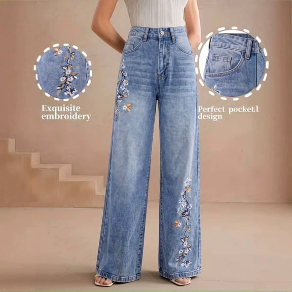 Women's High Waist Floral Embroidery Wide Leg Jeans Vintage Washed Straight Trousers for Spring Autumn Daily Commute