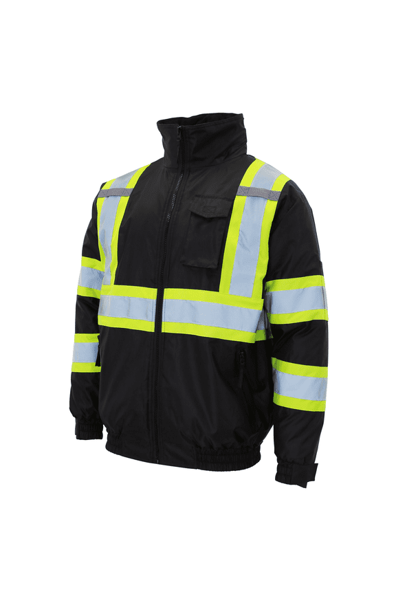Hi-Vis Safety Bomber Jacket, Two-Toned, ANSI Class 3 (Black, XL)