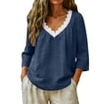 thumbnail image 2 of gbyLJF Womens Lace V Neck Shirts Cotton Lined Loose Fit 3/4 Length Sleeve T-Shirts Spring Solid Color Casual Tops Blouse, 2 of 6