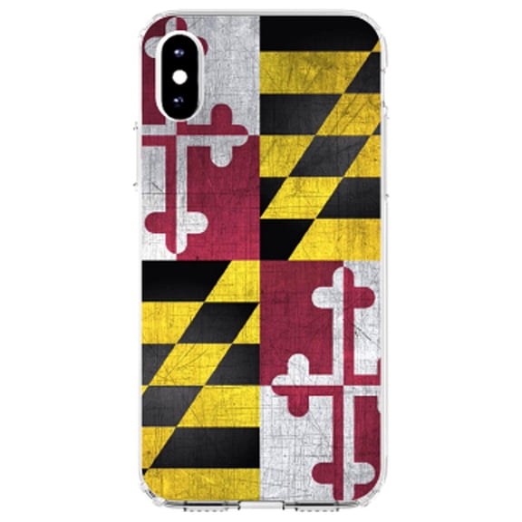 DistinctInk Clear Shockproof Hybrid Case for iPhone XS Max (6.5" Screen) - TPU Bumper, Acrylic Back, Tempered Glass Screen Protector - Old Weather Maryland Flag - Show Your Love of Maryland