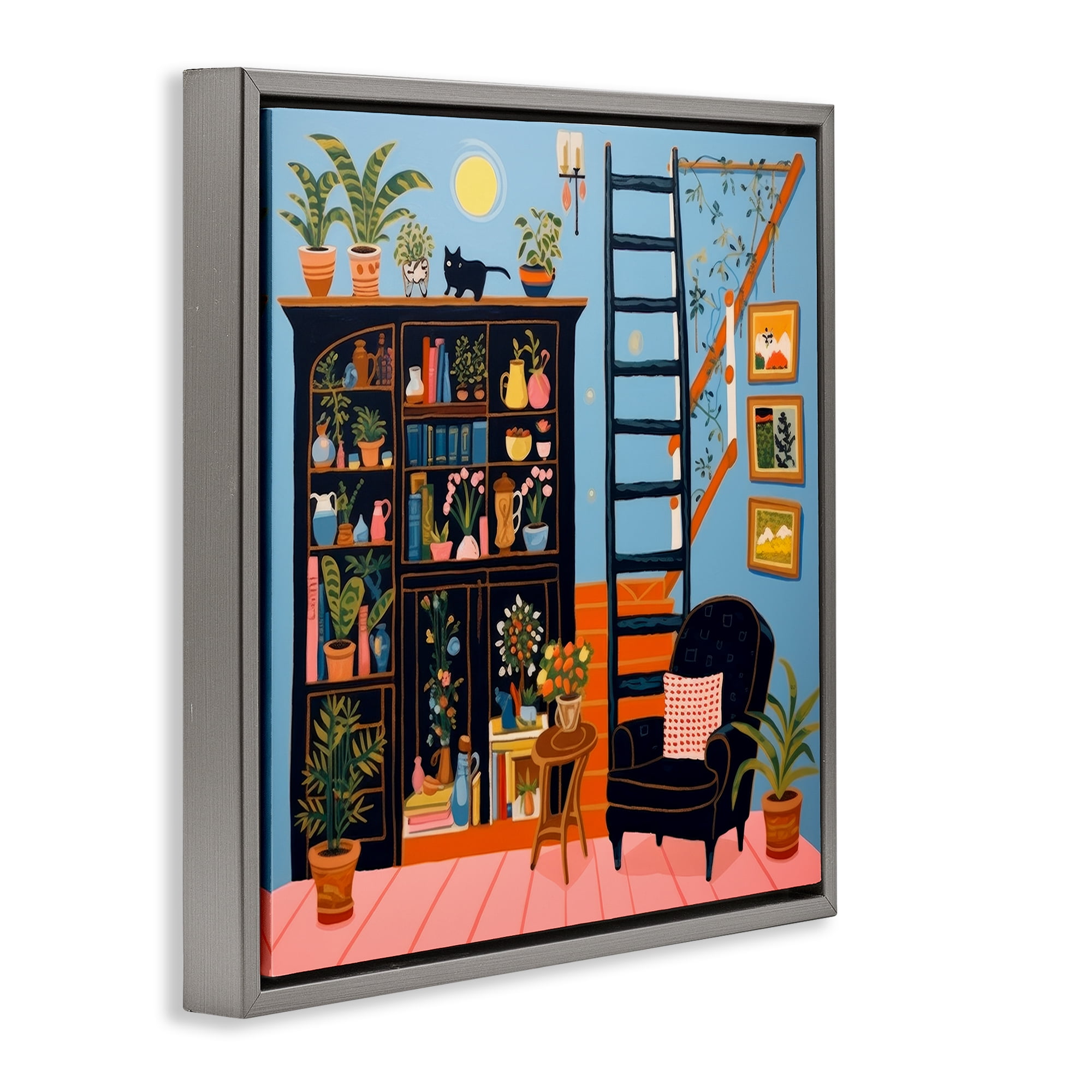 Stupell Industries Eclectic Fun Bookshelf Furniture Painting Gray Floater Framed Canvas Art Print Wall Art, 25 x 25