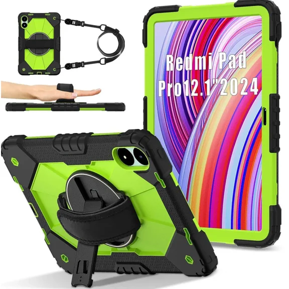 Case for Xiaomi Redmi Pad Pro 12.1 inch / Xiaomi Poco Pad 12.1 inch 2024 with Rotating Stand Pencil Holder Hand/Shoulder Strap, Heavy Duty Shockproof Protective Cover