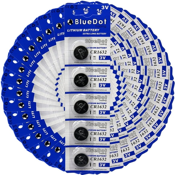 BlueDot Lithium CR1632, 3 Volts Lithium Coin Cell Long-Lasting Batteries, Powers Small Devices Such as Watches, Key fobs, Cameras, and More, Pack of 100