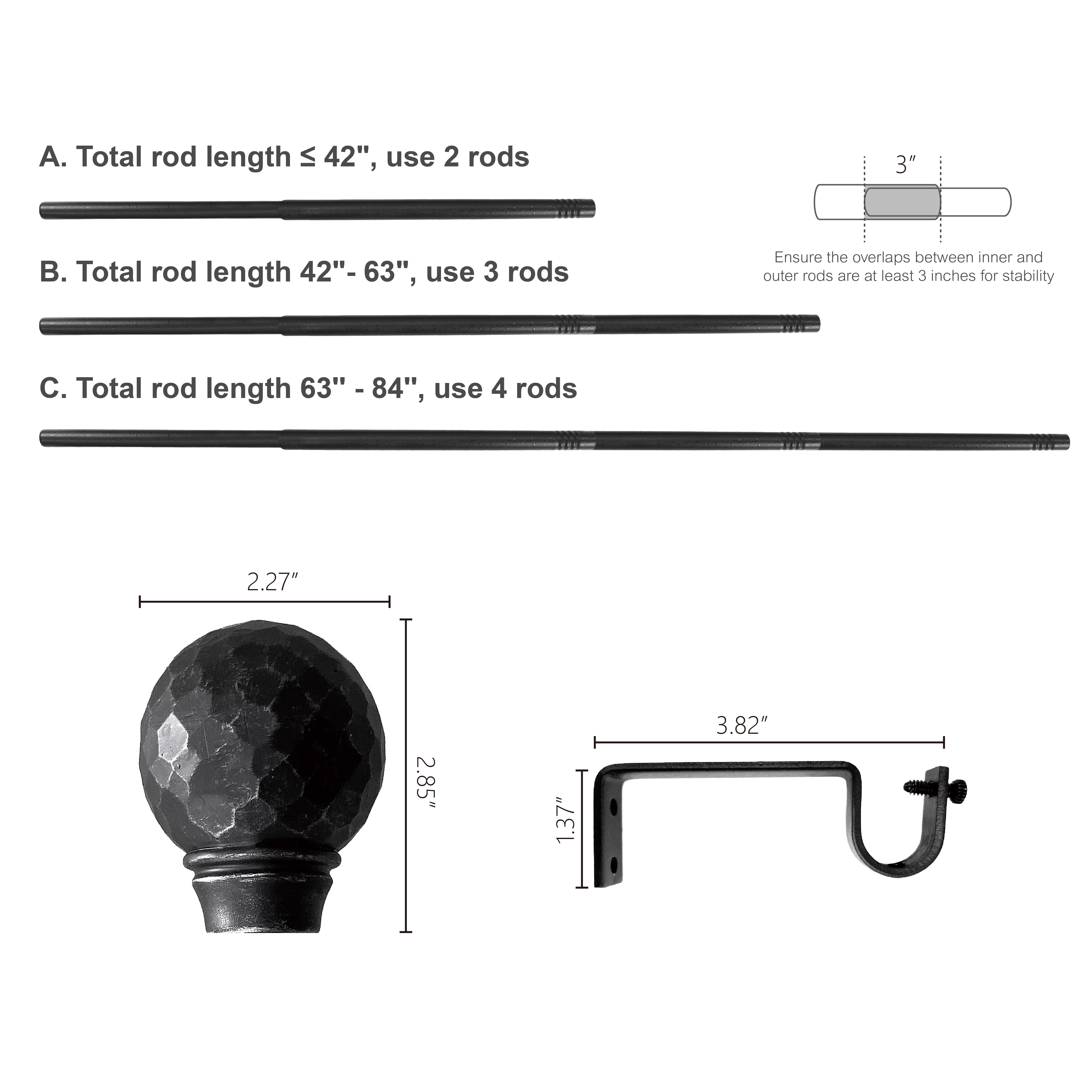 Mainstays 3/4" Textured Ball Single Curtain Rod Set, 25-84", Black