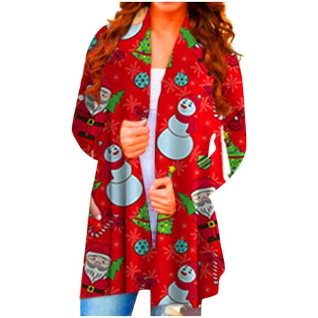 

Bescita Womens Casual Long Sleeve Cardigan Lady Christmas Printing open Stitch Coat