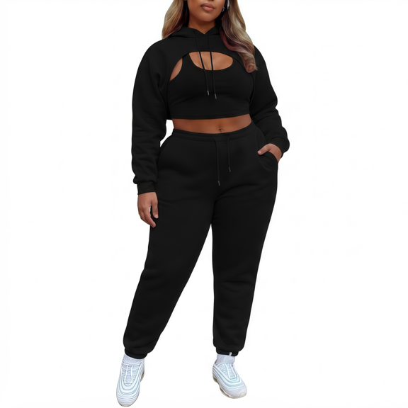 Women's Plus Size 3 Piece Outfits Solid Color Long Sleeve Crop Hoodie U-Neck Tank Top High Waisted Drawstring Jogger Sweatpants Tracksuit Lounge Set