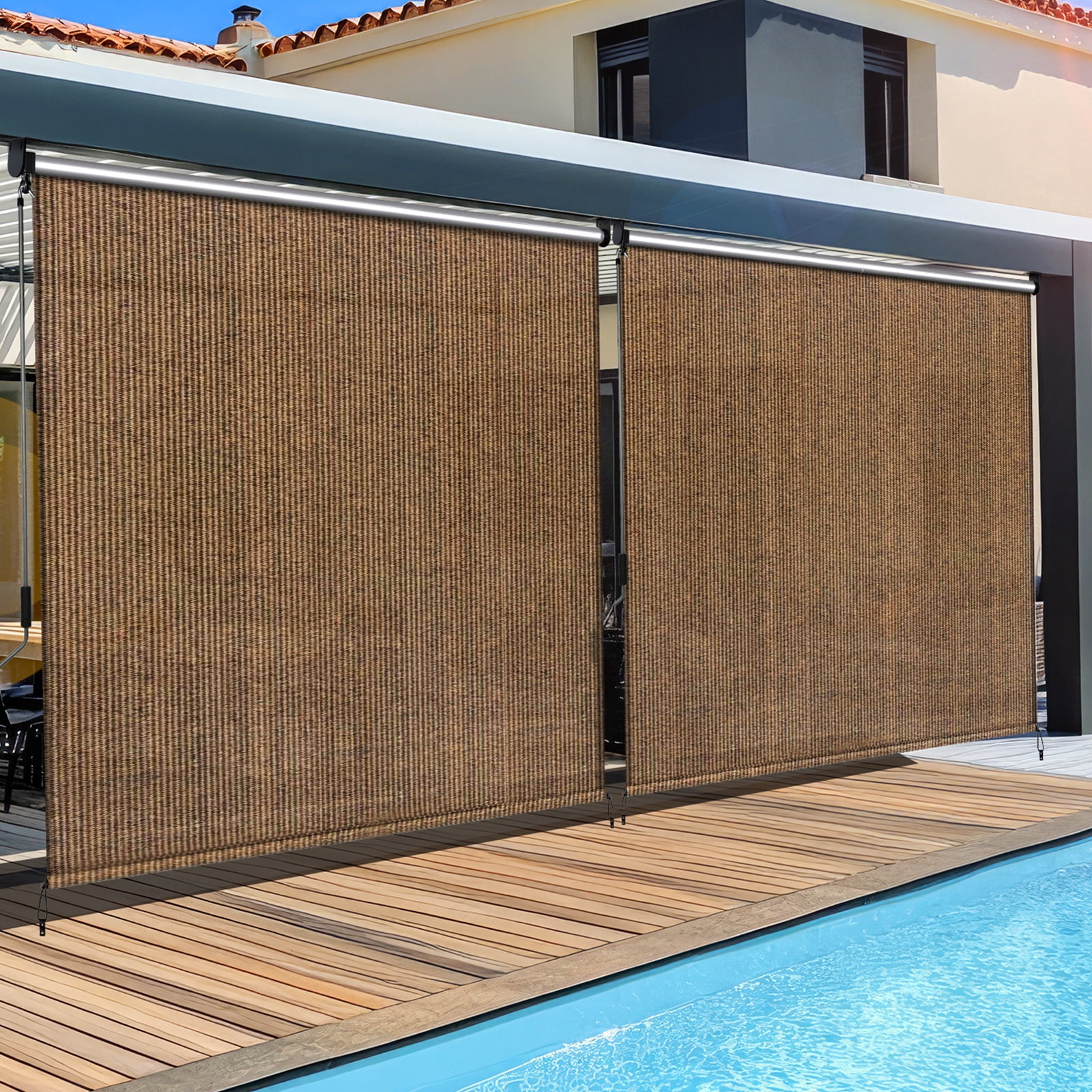 LIFERUN Outdoor Roller Sun Shade 8'W x 6'H, HDPE shade cloth, aluminum tube, cordless wand crank,for pergola/patio/porch/garden (Coffee)